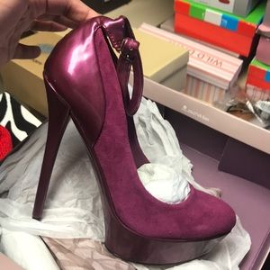 Berry colored platform ankle strap heel